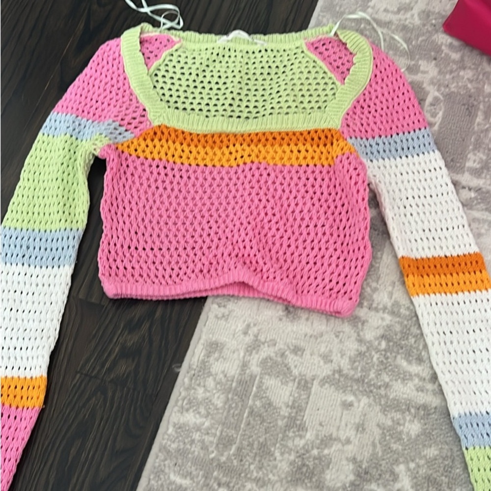 Women’s Crochet Colorblock Crop Top - Pink & Multicolor